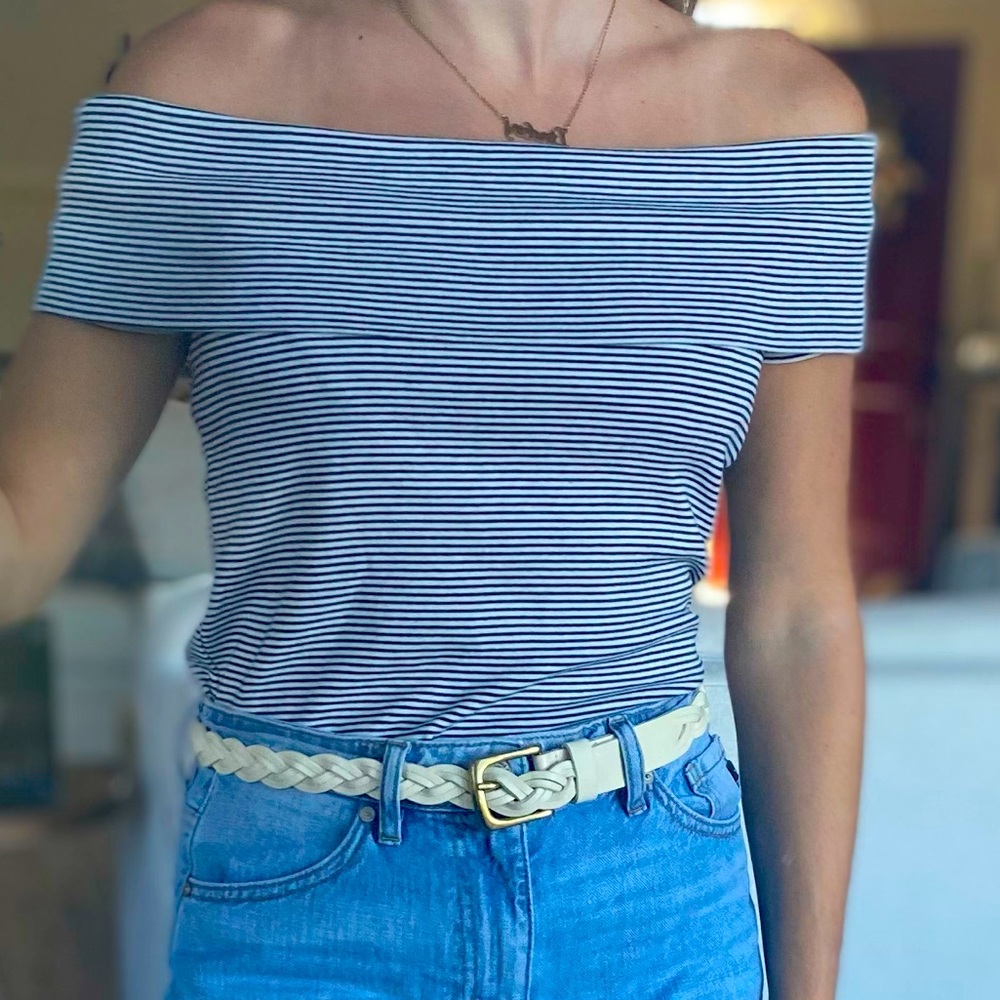 Navy and white stripped off the shoulders top.